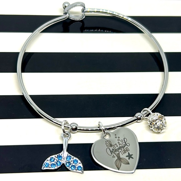 Handmade Silver Mermaid Charm Bracelet with Blue Accents - Picture 1 of 7